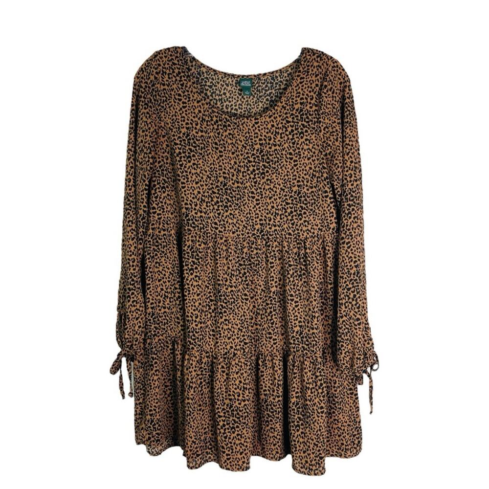 Wild Fable tan black animal leopard chiffon ruffle babydoll dress small